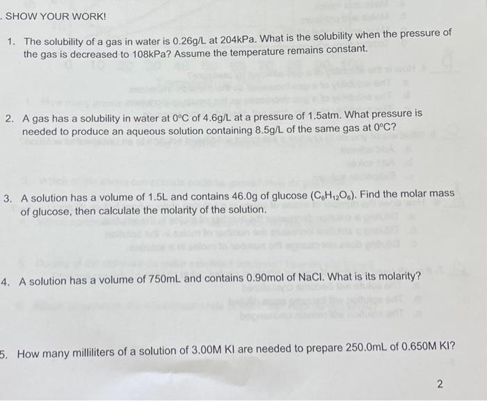 Solved 1. The solubility of a gas in water is 0.26 g/L at | Chegg.com