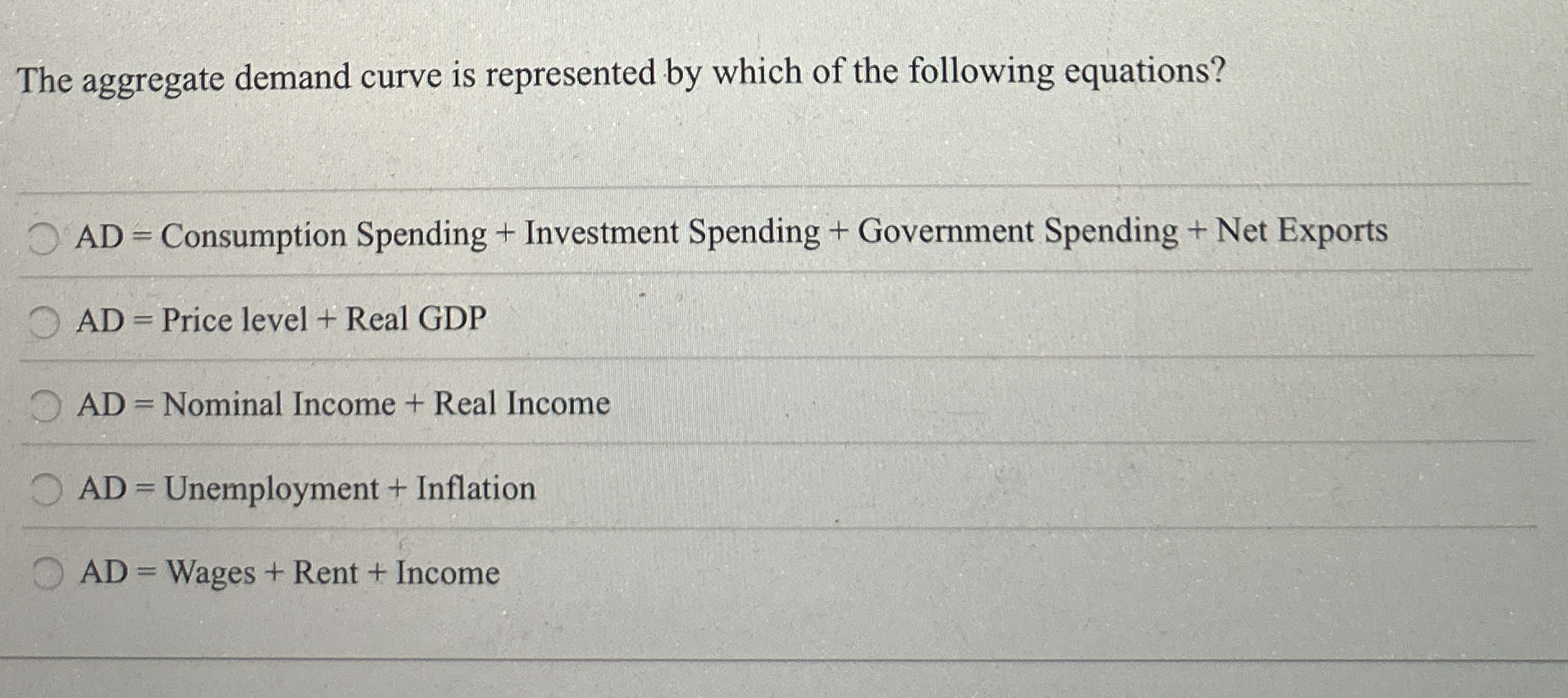 Solved The aggregate demand curve is represented by which of | Chegg.com