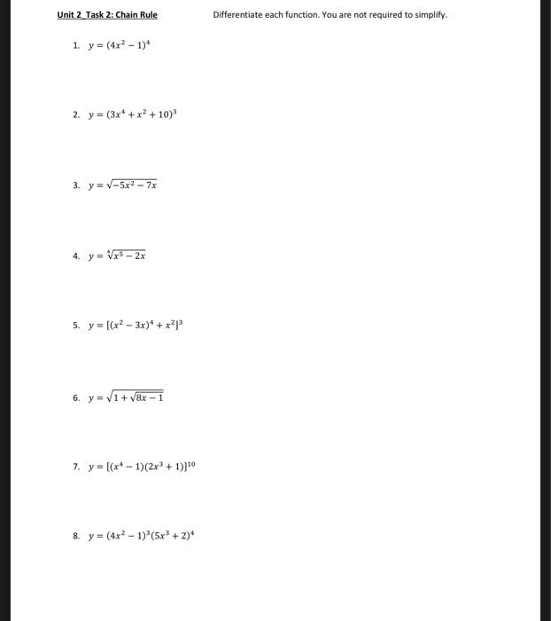 Solved Unit 2 Task 2: Chain Rule Differentiate each | Chegg.com