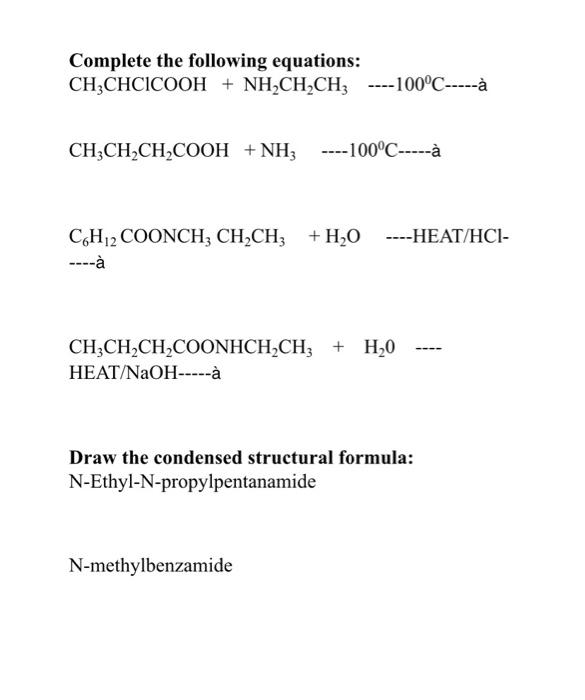 Solved Complete The Following Equations Ch Chcicooh Nh Chegg Com