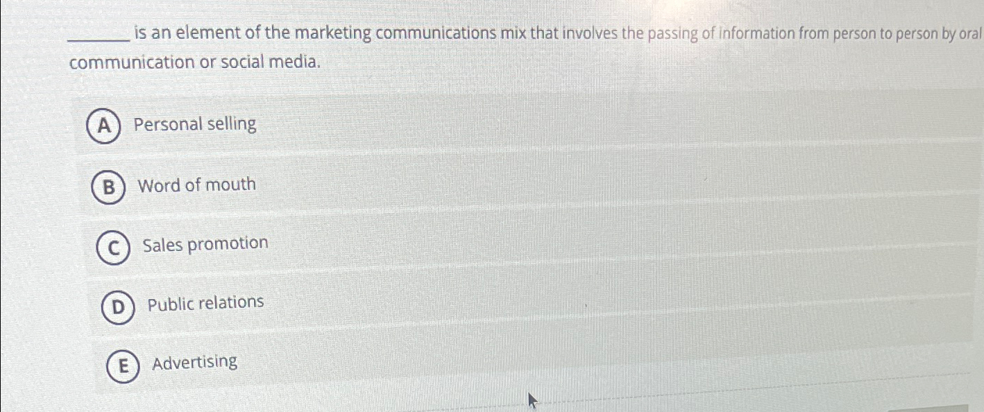 Solved is an element of the marketing communications mix | Chegg.com