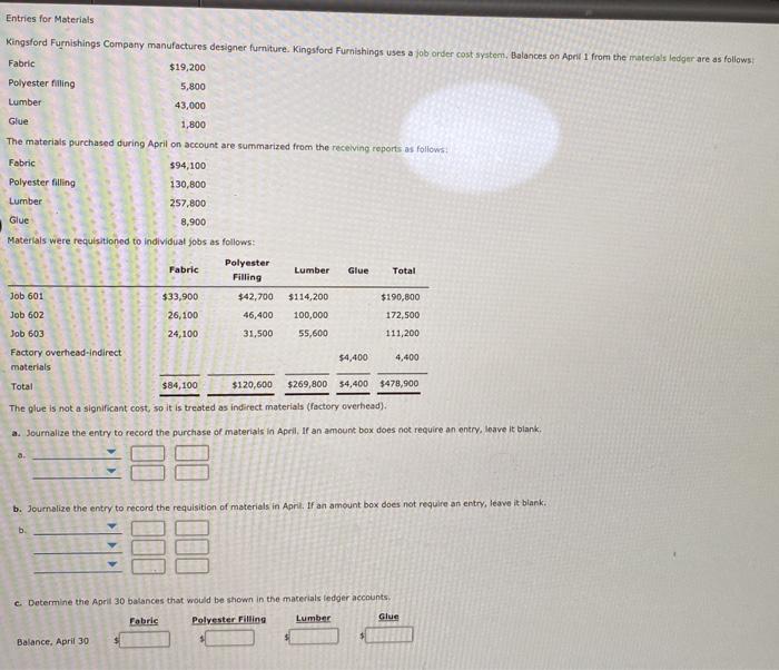 Solved Entries for Materials Kingsford Furnishings Company