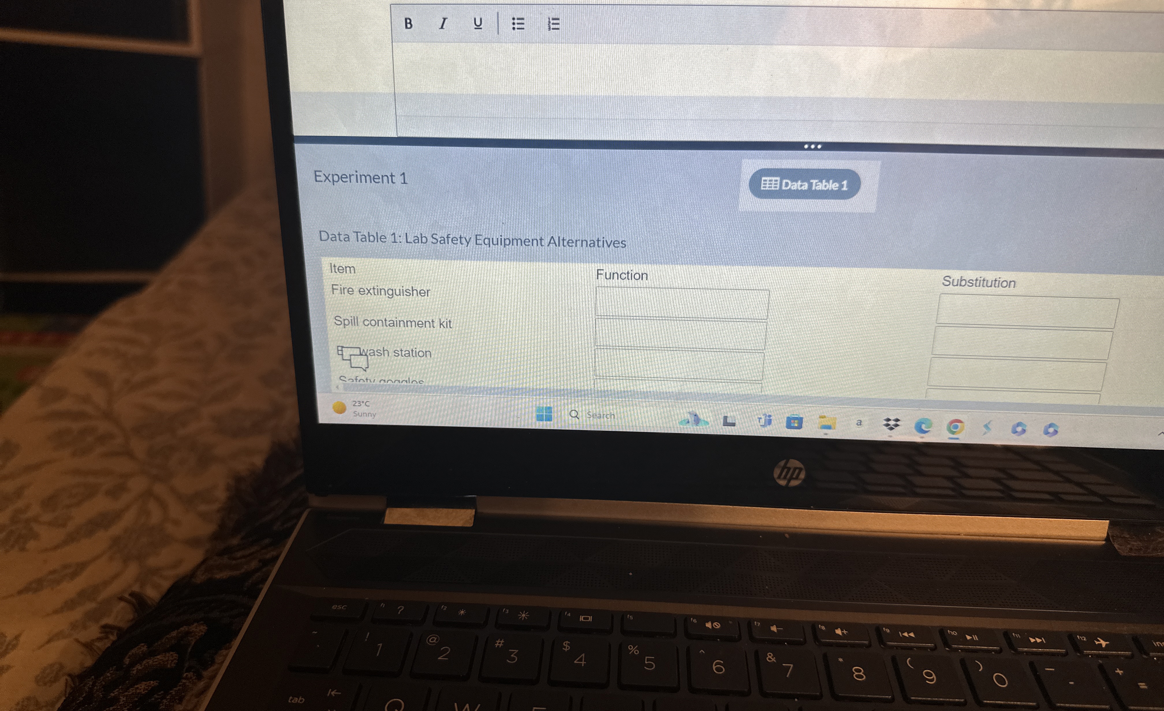 Experiment 1Data Table 1 Lab Safety Equipment