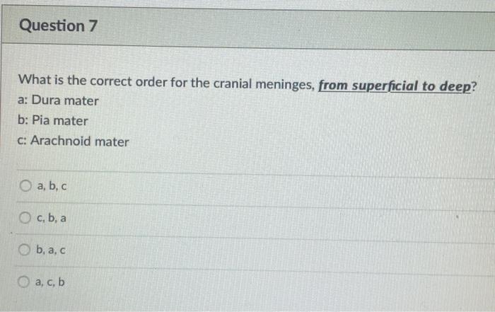 Solved Question 7 What is the correct order for the cranial | Chegg.com
