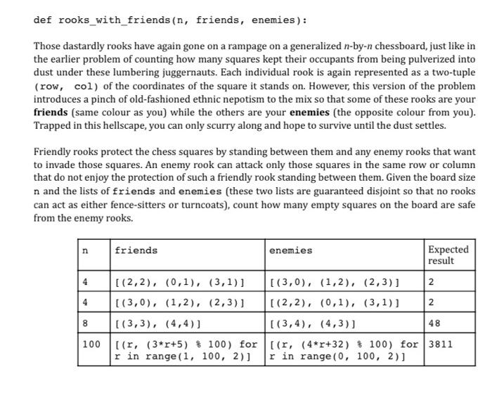 Solved def rooks_with_friends in, friends, enemies): Those | Chegg.com