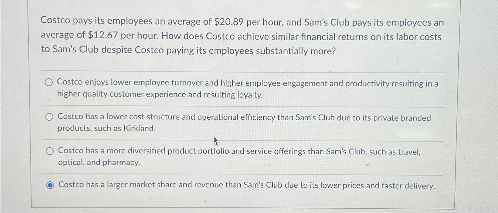 Solved Costco pays its employees an average of $20.89 ﻿per | Chegg.com