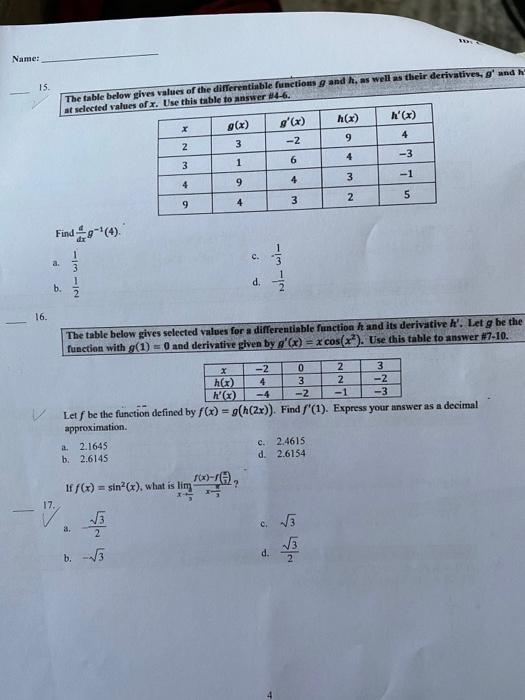 Solved Name: 15. The table below gives values of the | Chegg.com
