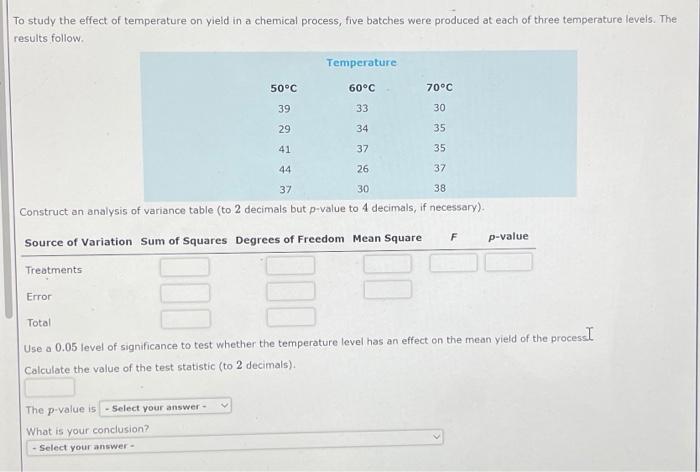 Solved To study the effect of temperature on yield in a | Chegg.com