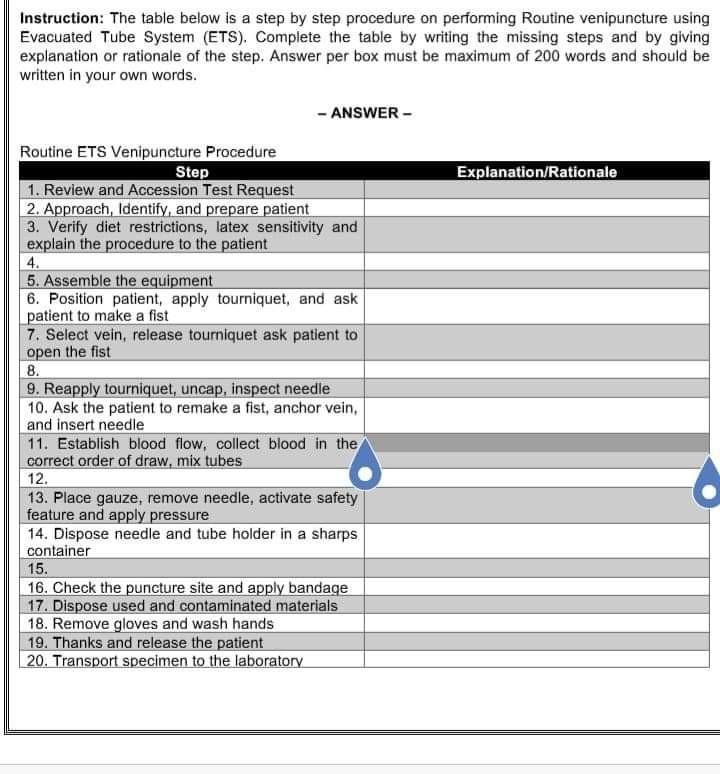 Instruction: The table below is a step by step procedure on performing Routine venipuncture using Evacuated Tube System (ETS)