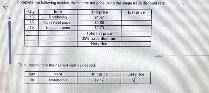 Solved K Complete the following invoice, finding the net | Chegg.com