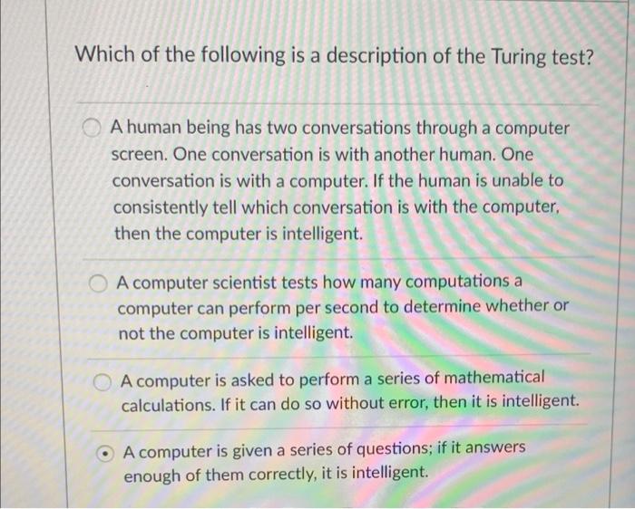 Solved Which of the following is a description of the Turing | Chegg.com