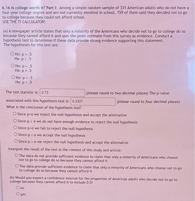 Solved 6.16 Is college worth it? Part I: Among a simple | Chegg.com
