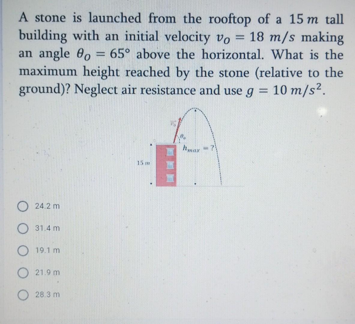 Solved = A stone is launched from the rooftop of a 15 m tall | Chegg.com