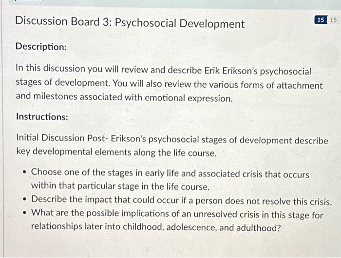 Solved Discussion Board 3: Psychosocial Development 15 | Chegg.com