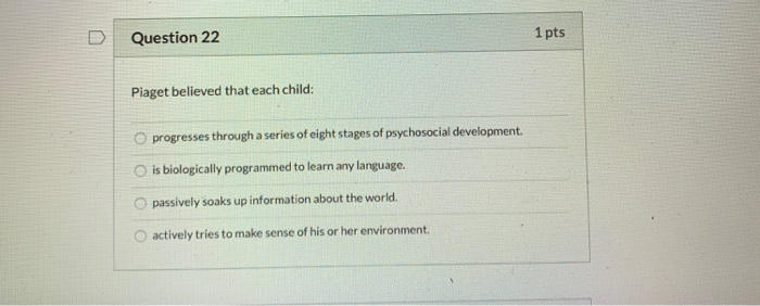 Solved Question 22 1 pts Piaget believed that each child O