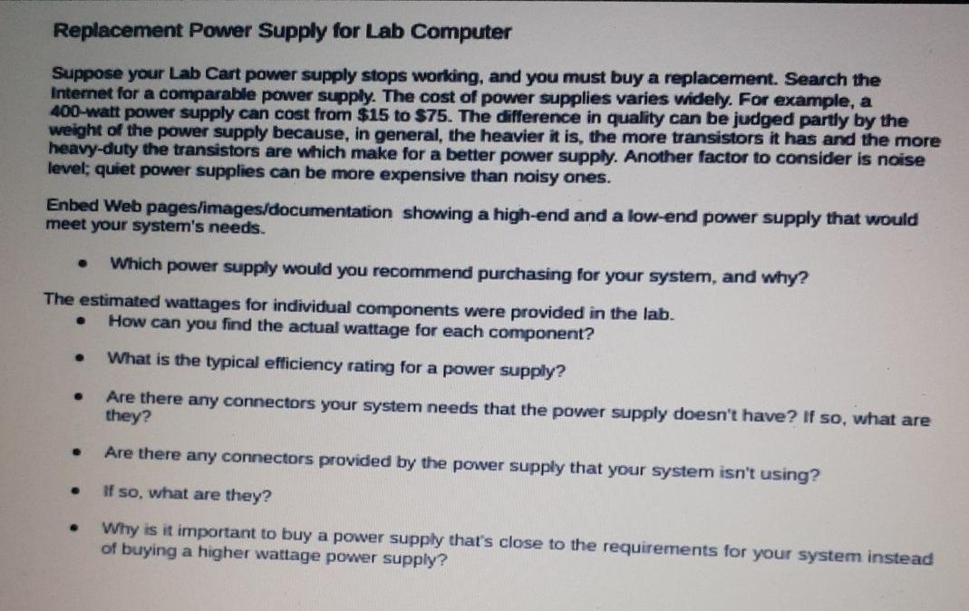 Solved Replacement Power Supply for Lab ComputerSuppose your