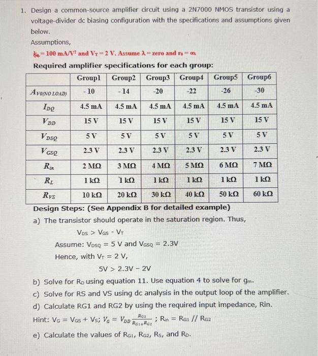 Solved 1. Design a common-source amplifier circuit using a 2 | Chegg.com