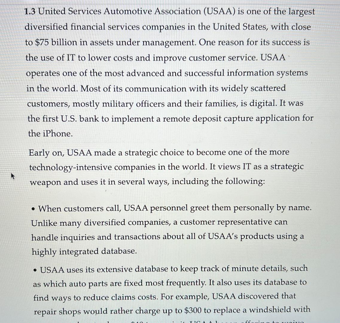 Solved 1.3 ﻿United Services Automotive Association (USAA) | Chegg.com