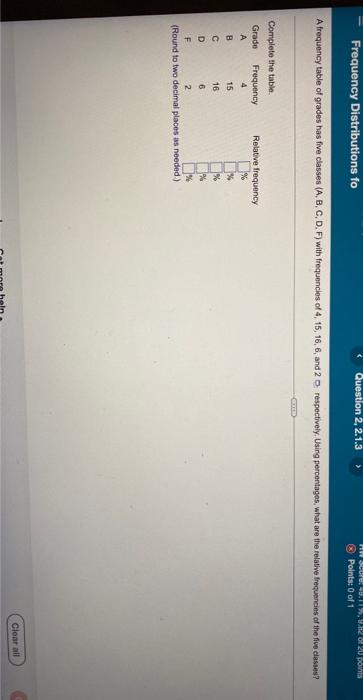 Frequency Distributions fo
Complete the table.
Grade
A
B
A frequency table of grades has five classes (A, B, C, D, F) with fr