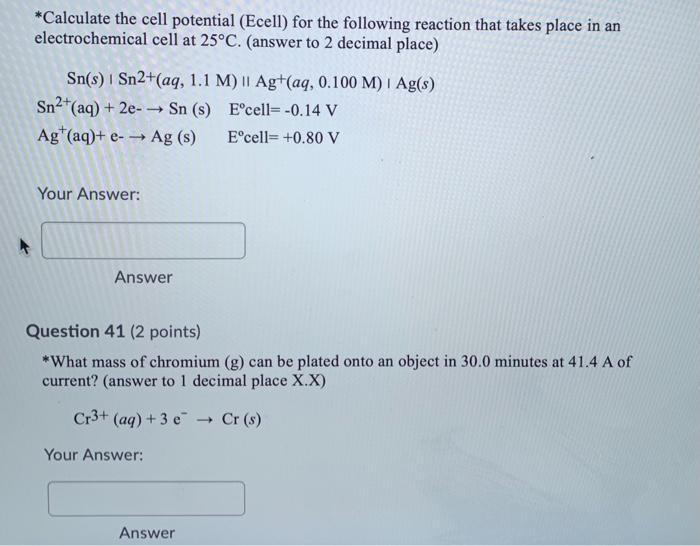 Solved *Calculate The Cell Potential (Ecell) For The | Chegg.com