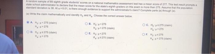 Solved A random sample of 89 eighth grade students scores on | Chegg.com