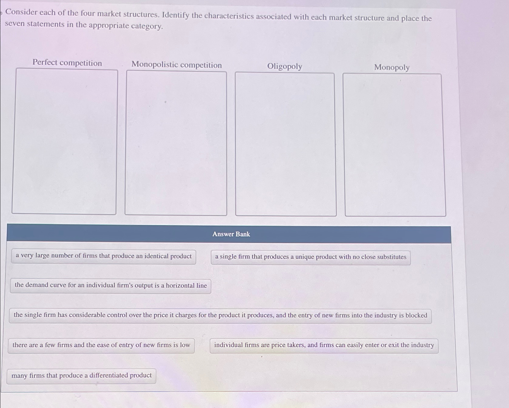 Solved Consider each of the four market structures. Identify | Chegg.com