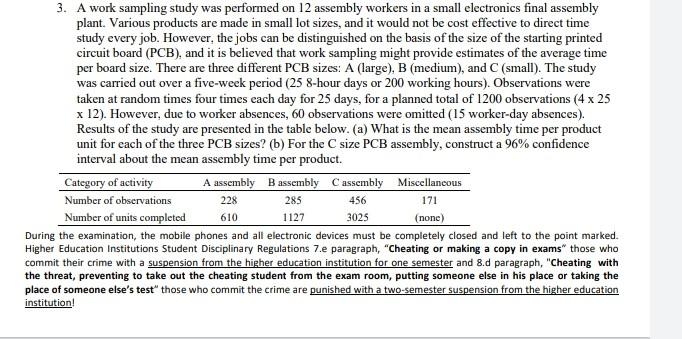 Solved 3. A work sampling study was performed on 12 assembly | Chegg.com
