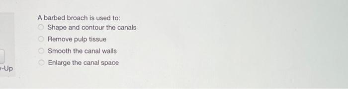 -Up
A barbed broach is used to:
Shape and contour the canals
Remove pulp tissue
Smooth the canal walls
Enlarge the canal spac