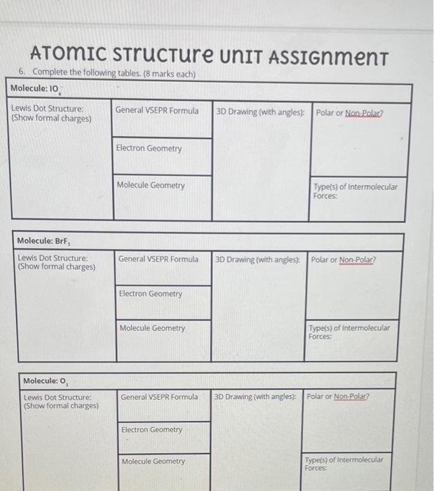 Solved ATOMIC STRUcture UNIT ASSIGnment 6. Complete the | Chegg.com