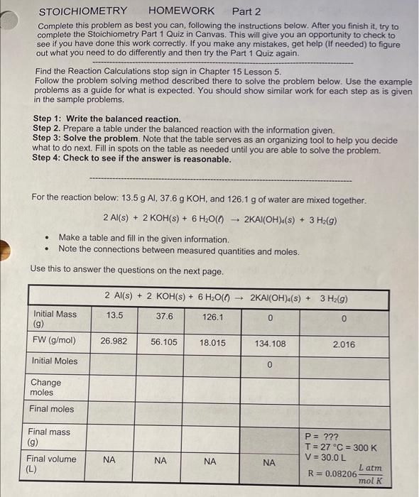 stoichiometry homework #2 chemistry corner