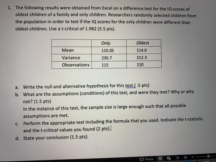Solved 1. The following results were obtained from Excel on | Chegg.com