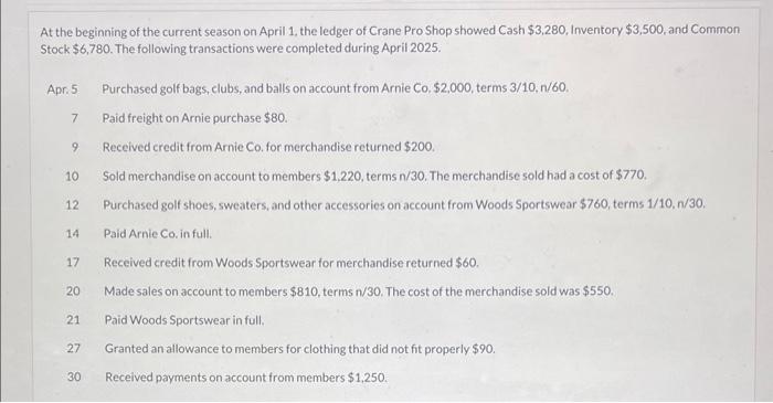 At the beginning of the current season on April 1, the ledger of Crane Pro Shop showed Cash \( \$ 3,280 \), Inventory \( \$ 3