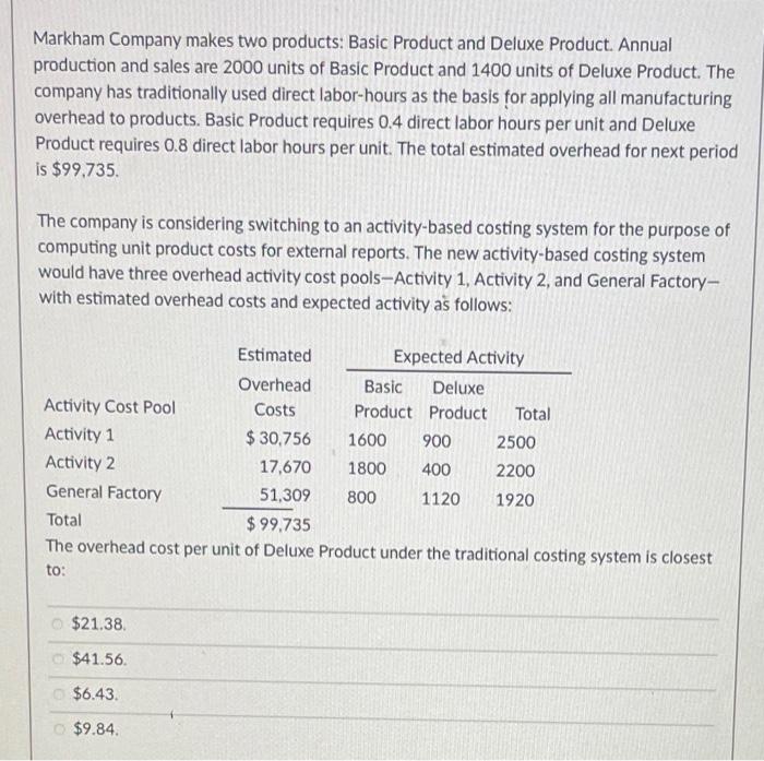 Solved Markham Company makes two products Basic Product and