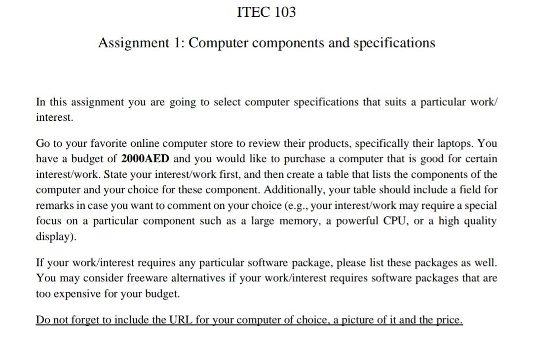 Solved Assignment 1: Computer components and specifications | Chegg.com