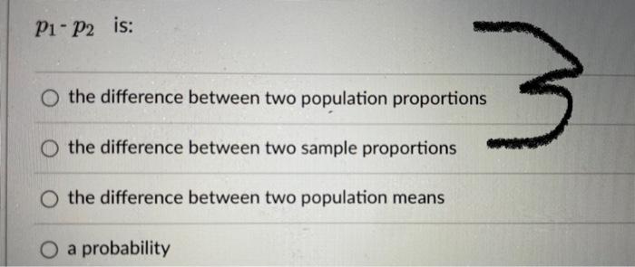 \( p_{1}-p_{2} \quad \) is:
the difference between two population proportions
the difference between two sample proportions
t