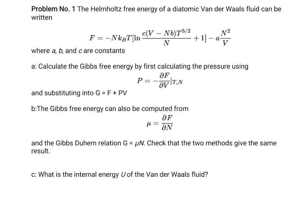 Solved Problem No. 1 The Helmholtz free energy of a diatomic | Chegg.com