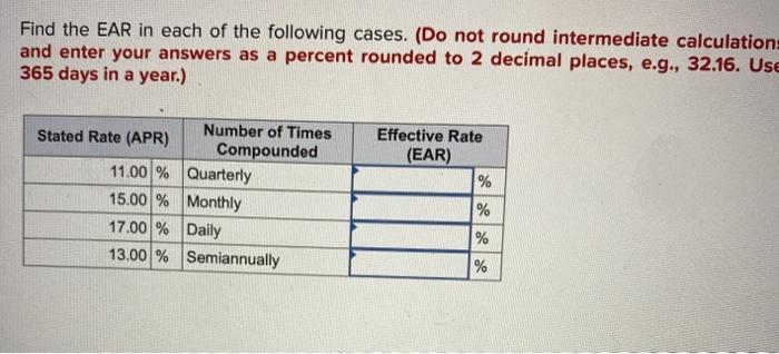 Solved Find the EAR in each of the following cases. (Do not | Chegg.com