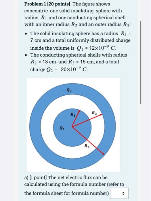 Problem 1 [20 points] The figure shows concentric one solid insulating sphere with radius \( R_{1} \) and one conducting sphe