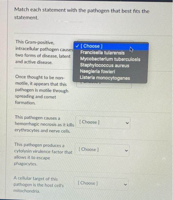 Solved Match each statement with the pathogen that best fits | Chegg.com