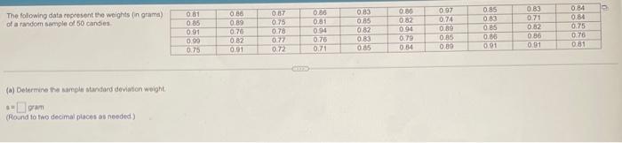 The following data cepresent the weights (in grams) of a random sample of 50 candies (a) Determine the sample standard deviab