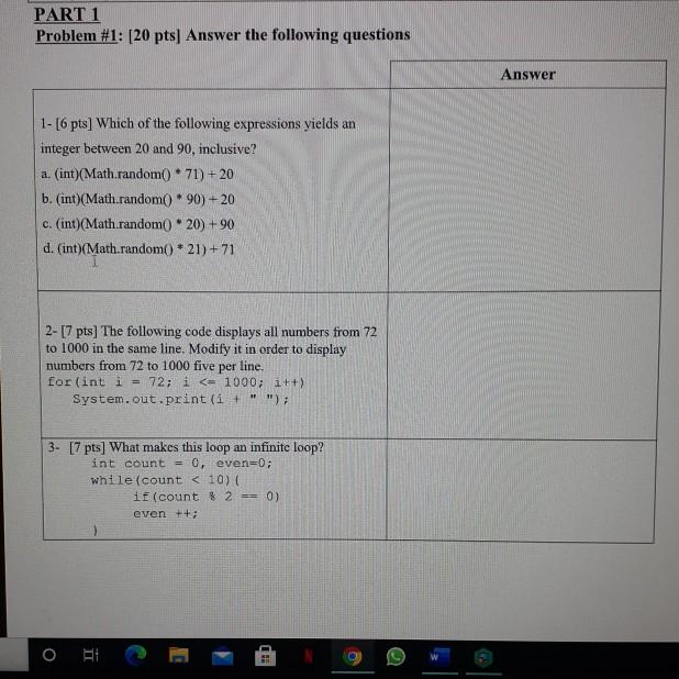 Solved PART 1 Problem #1: [20 pts) Answer the following | Chegg.com