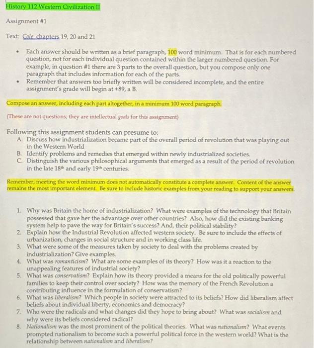 History 112 Western Civilization II Assignment \#1 | Chegg.com