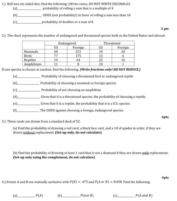 Solved 1.) Roll two six-sided dice, find the following: | Chegg.com