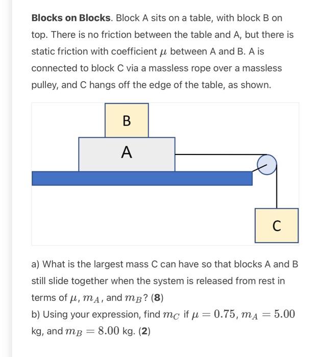 Solved Blocks on Blocks. Block A sits on a table, with block | Chegg.com