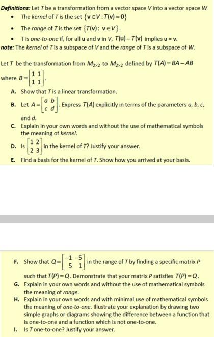 Solved Definitions: Let T be a transformation from a vector | Chegg.com