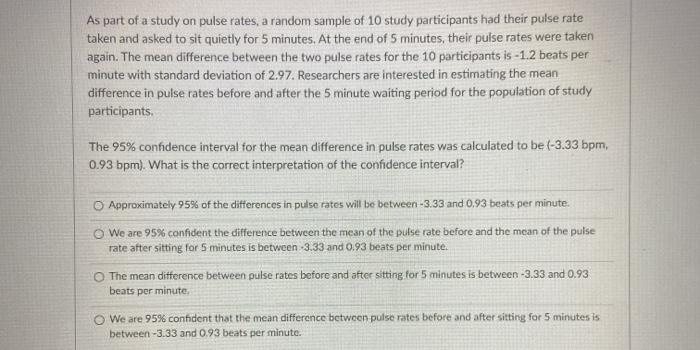Solved As part of a study on pulse rates, a random sample of | Chegg.com