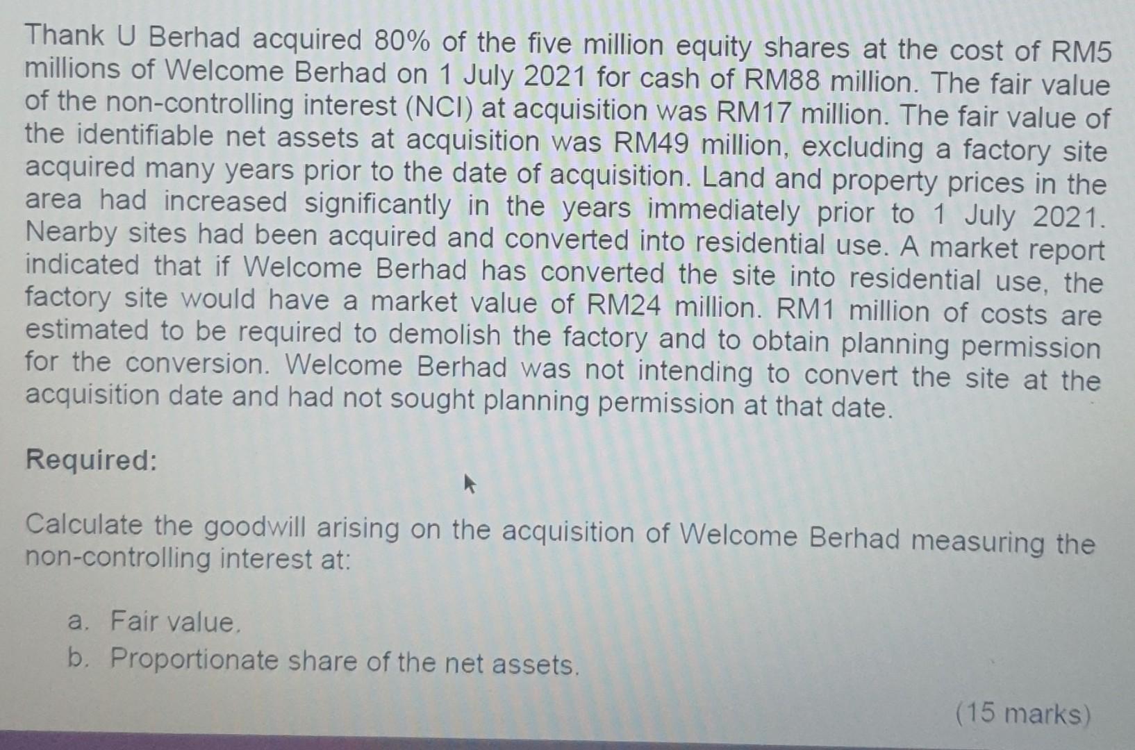 Solved Thank U Berhad Acquired 80% Of The Five Million | Chegg.com