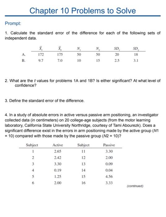 Solved 1. Calculate the standard error of the difference for | Chegg.com