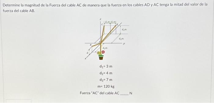 Determine la magnitud de la Fuerza del cable AC de manera que la fuerza en los cables AD y AC tenga la mitad del valor de la