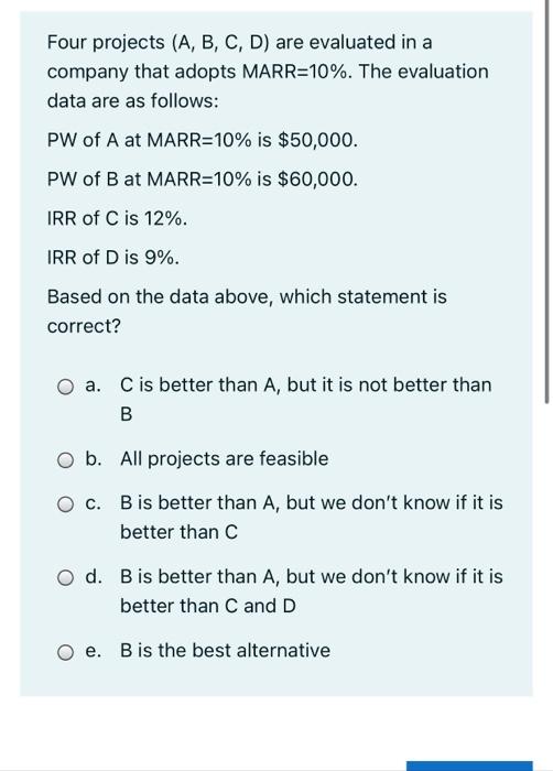 Solved Four projects (A, B, C, D) are evaluated in a company | Chegg.com